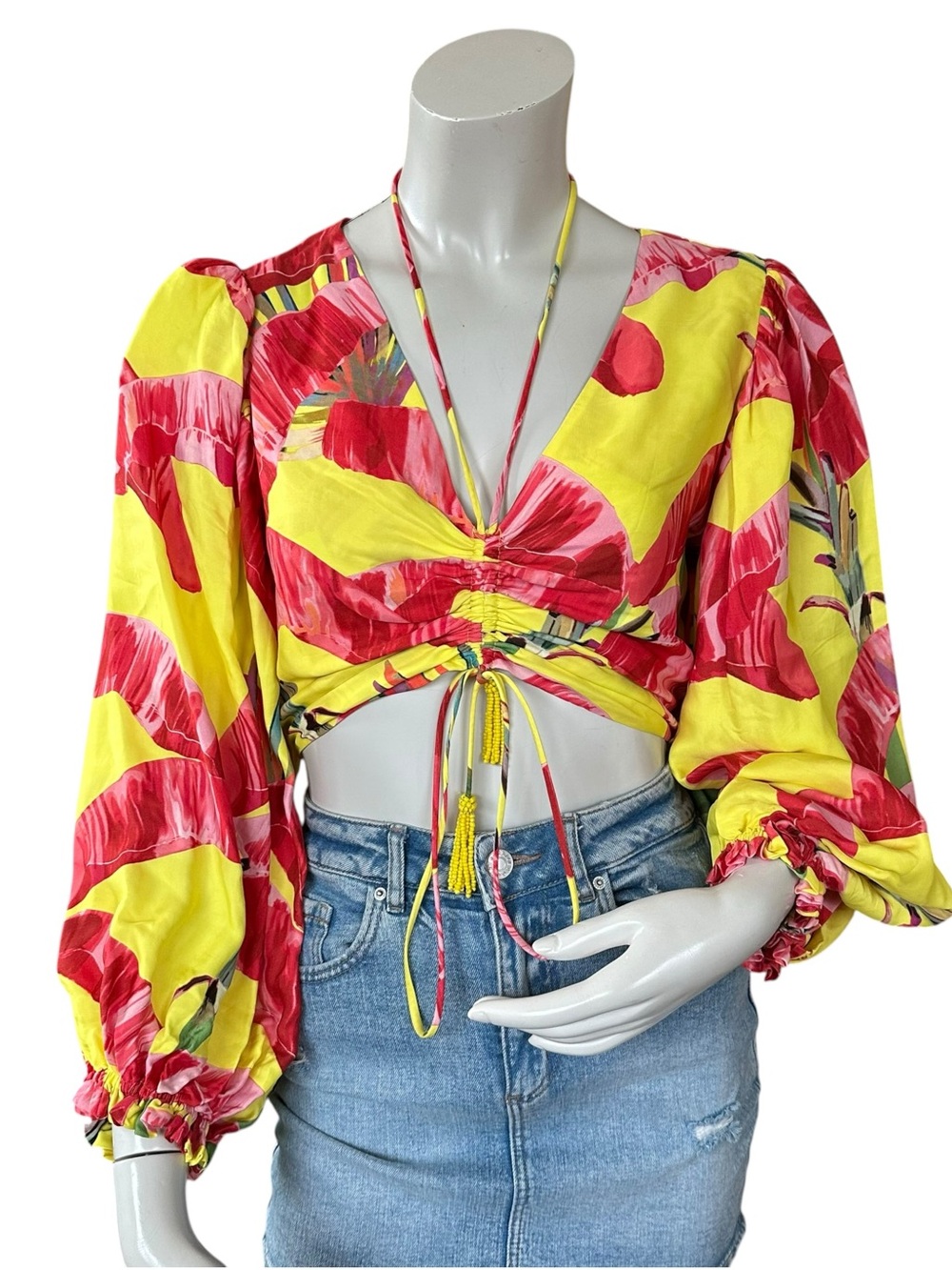 Farm Rio Yellow Floral Tropical Print Sweet Jungle Puff Long Sleeve Crop Top Med